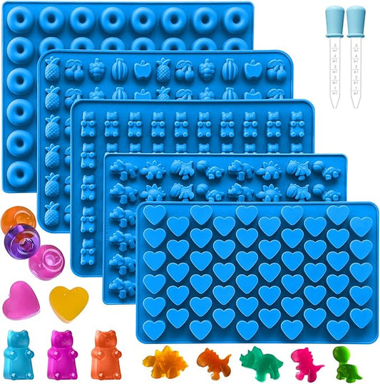 Sidosir 7Pcs Gummy Candy Molds, Gummy Bear/Dinosaur/Fruit/Donut/Hearts Molds, Non-stick Silicone Candy Chocolate Mold (5Shape+2Droppers)