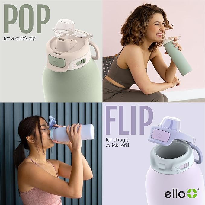 Ello Pop & Fill 40oz Stainless Steel Water Bottle with Quick Fill Technology, Double Walled and Vacuum Insulated Metal, Leak Proof Locking Lid, Sip and Chug, Reusable, BPA Free, Pistachio