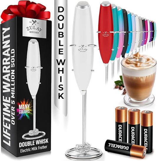 Zulay Kitchen Whisk Milk Frother with 4 Duracell Batteries - Powerful Handheld Foam Maker for Coffee, Lattes, Matcha, Hot Chocolate & Cappuccinos - Whip Creamy Froth in Seconds