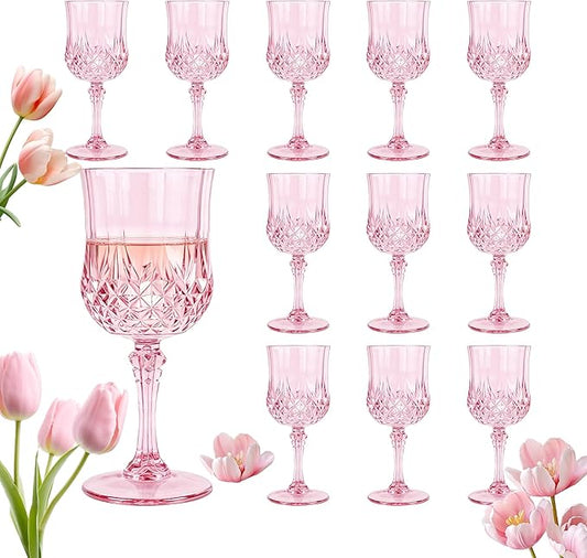 Plastic Wine Glasses, Plastic Goblets Vintage Style Cordial Unbreakable Drinking Glasses,Reusable Drinkware for Wedding Reception, Grand Event Party Supplies, Mother's Day(12, Pink)