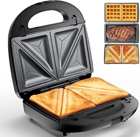 KEENSTAR 3 in 1 Electric Sandwich Maker, Waffle Maker with Removable Non-Stick Plates, Grill with Double-Sided Heating, Easy to Clean and Store, Perfect for Cooking Breakfast, Grilled Cheese and Steak