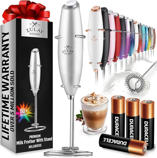 Zulay Kitchen Powerful Milk Frother Wand With 4 AA Duracell Batteries - Ultra Fast Handheld Drink Mixer - Electric Whisk Foam Maker for Coffee, Lattes, Cappuccino, Matcha & Creamer - Premium Silver
