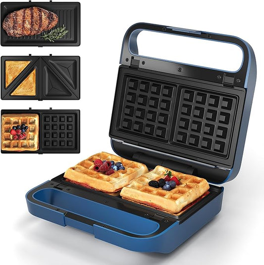 Sunvivi 3 in 1 Sandwich Maker, Electric Waffle Maker with Removable Non-stick Plates, 850W Panini Press Grill with Glass Top, Cool Touch Handle & Easy to Clean, Blue