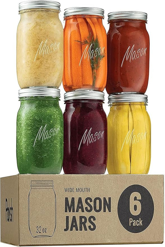 Paksh Novelty Mason Jars - Food Storage Container - 32 oz 6-Pack - Airtight Container for Pickling, Canning, Candles, Home Decor, Overnight Oats, Fruit Preserves, Jam or Jelly