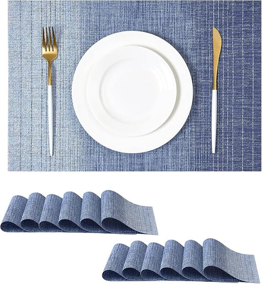 Leetaltree Gradient Blue Woven Placemats Set of 12 - Heat Resistant Non-Slip Place mats for Dining Table, Washable Durable PVC Vinyl Woven Table Mats(Gradient Blue, 12)