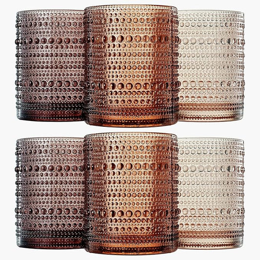 Khen Hobnail Beaded Highball Drinking Tumbler Glasses | Set of 6 | Color, Vintage Bubble Design Whiskey Glassware, Old-Fashioned, Embossed Design for Water, Wine, Cocktail Embossed, Rocks Glass