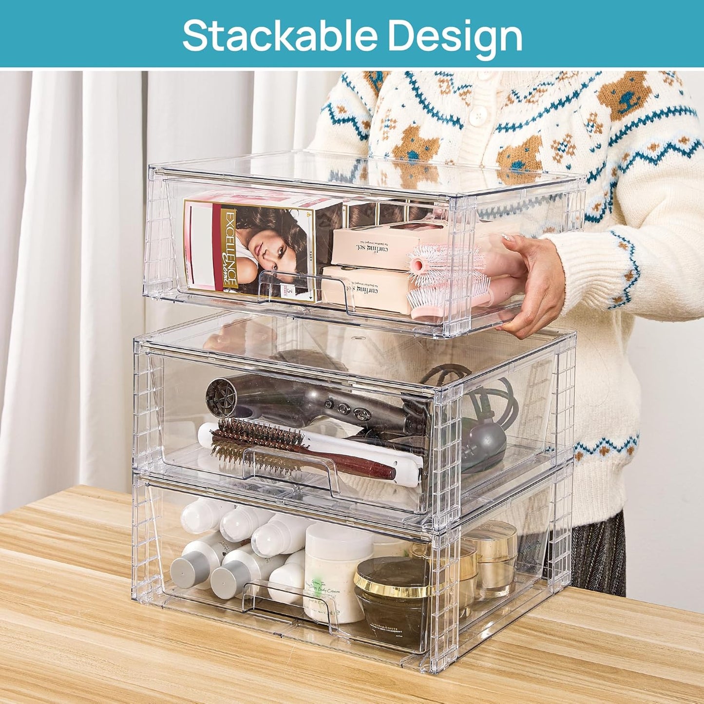 Vtopmart 6 Pack Large Stackable Storage Drawers,Easily Assemble Acrylic Bathroom Closet Undersink Organizers and Storage,Plastic Storage Bins for Kitchen Cabinets,Pantry,Makeup,Medicine Organization