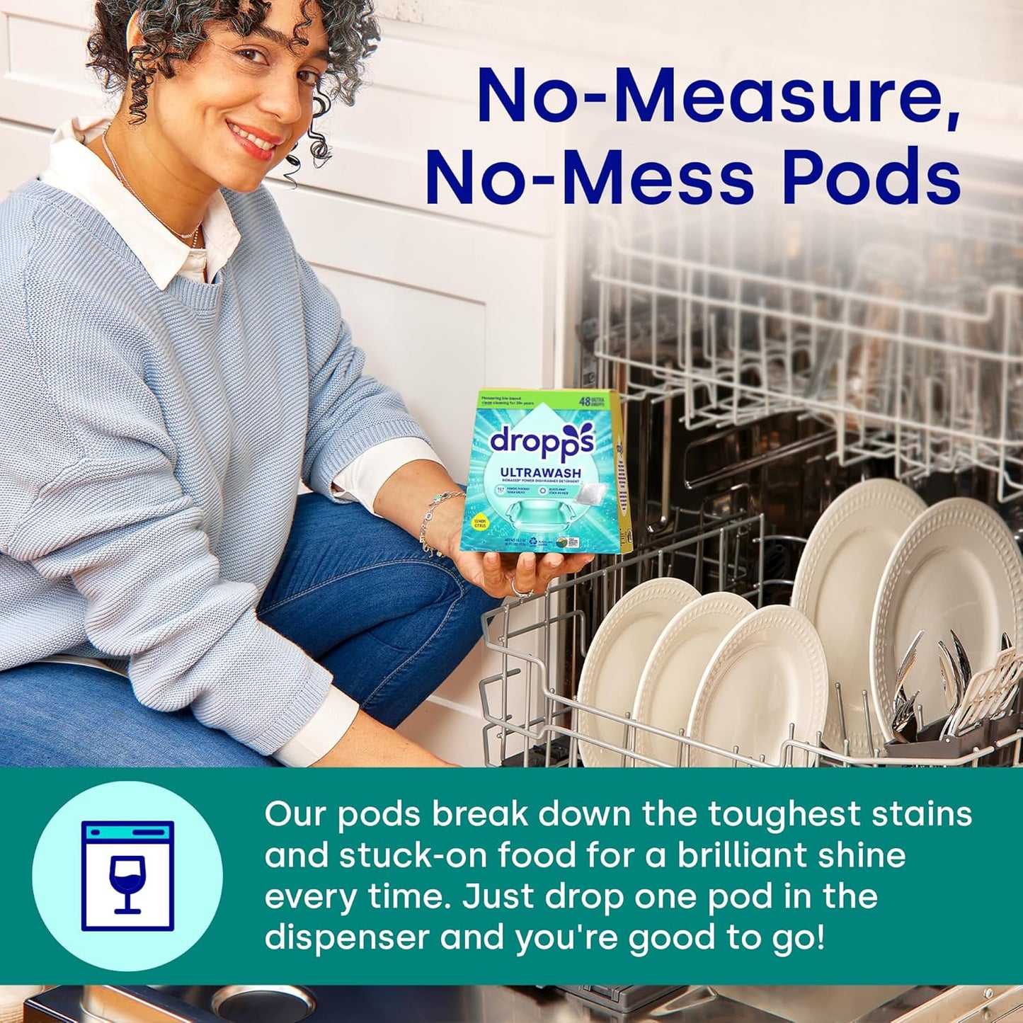 Dropps UltraWash Dishwasher Pods, Fresh Rain (120 Count) - Biobased Power Deep Clean Dishwasher Detergent Tablets for Sparkling Shiny Dishes - No Rinse Aid or Pre-Wash Needed - Dishwashing Pods