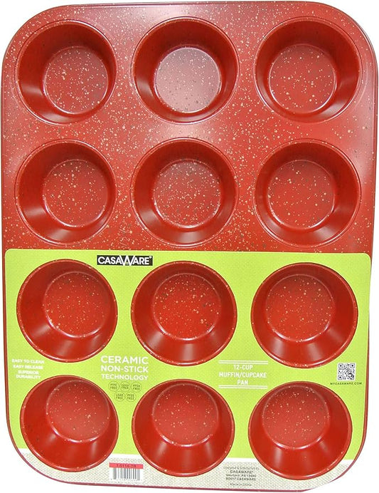 casaWare Ceramic Coated NonStick 12 Cup Muffin Pan (Red Granite)