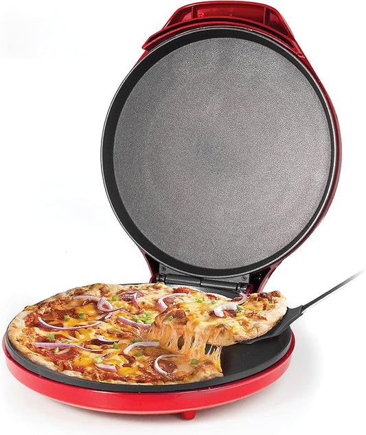 Betty Crocker Pizza Maker Plus, 12" Indoor Electric Grill, Nonstick Griddle Pan for Pizzas, Quesadillas, Tortillas, Nachos and more, 12" Electric Griddle for Delicious Meals and Snacks, Red