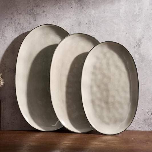 famiware Serving Platter, Oval 15.59/14.3/12.9 inch Serving Dishes for Entertaining, Serving Bowls, Dishwasher Safe, Stonware Serving Trays for Party, Turkey, Cheese, Reactive Glaze, Light khaki