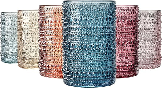 Khen Beaded Highball Drinking Tumbler Set | Set of 6 | Holiday Decor Vintage Hobnail 12 OZ Muted Bubble Design Whiskey Glassware, Old-Fashioned, Embossed Design Glass for Water Wine, Cocktail