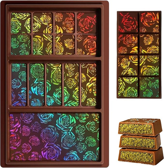 Ziliny Rose Holographic Chocolate Bar Mold Silicone, Rainbow Light Effect Chocolate Bar Deep Thick Molds for DIY Candy Dessert Baking, Candy, Wax Melts, Cake Decoration (Large and Thick)
