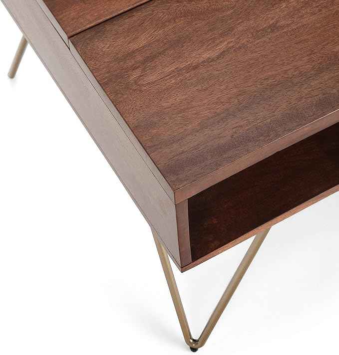 SIMPLIHOME Hunter Lift Top Coffee Table - 48 inch Wide Solid Mango Wood and Metal Industrial Cocktail Table in Umber Brown, Functional Living Room Table with 2 Storage Cubbies and Hairpin Legs
