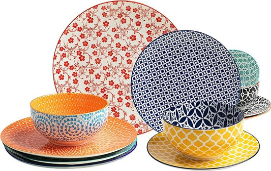 LEHAHA 12 Pieces Ceramic Dinnerware Sets, Porcelain Round Dinner Set for 4, Microwave and Dishwasher Safe Plates and Bowls Dishes Sets, Kitchen Dinner Dinning Ware Set, Assorted Colors