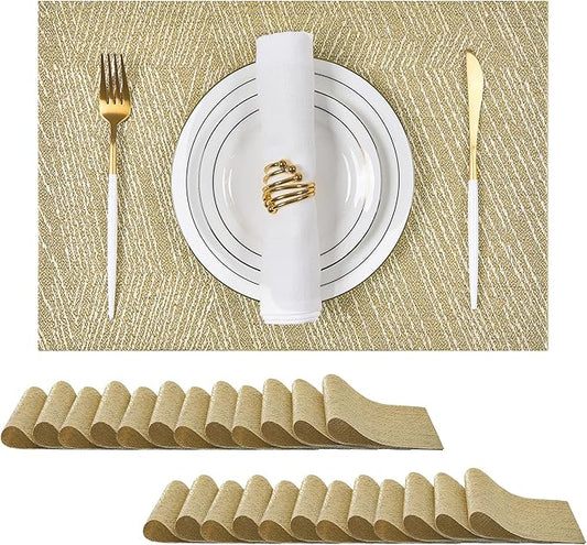 Leetaltree Gold Placemats Set of 24 - Heat Resistant Non-Slip Place mats for Dining Table, Washable Durable PVC Vinyl Woven Table Mats(Luxury Gold, 24)