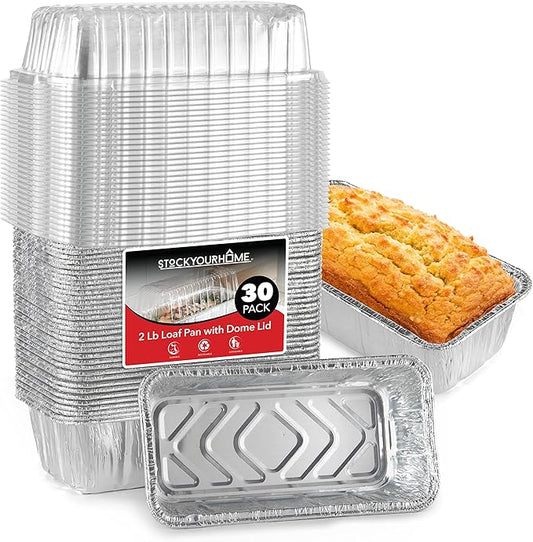 Stock Your Home Disposable Aluminum Loaf Pans with Lids, 2 Lb (30 Pack) Foil Baking Tins with Plastic Lid, Tin Pan with Cover for Cake, Banana Bread, Meatloaf, Mini Lasagna, Drip Trays
