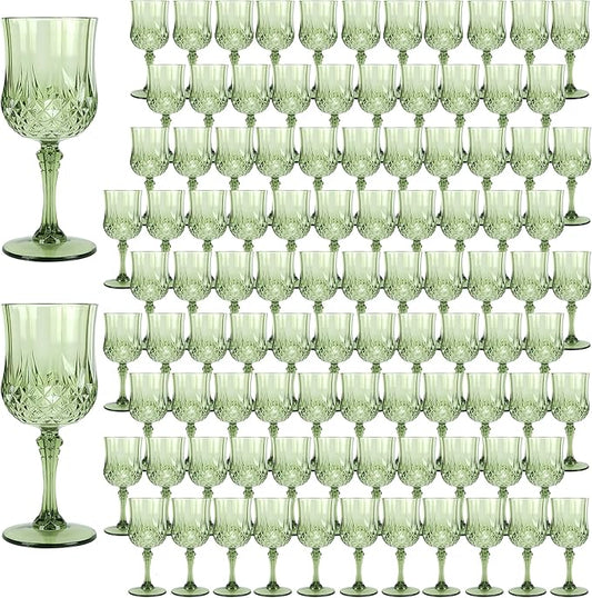 Plastic Wine Glasses, Plastic Goblets Vintage Style Cordial Unbreakable Drinking Glasses, Reusable Drinkware for Wedding Reception, Grand Event Party Supplies (100, New Green)