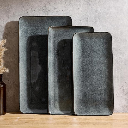 Famiware Serving Platter, Rectangular 15.67/14.1/12.6inch Serving Dishes for Entertaining, Dishwasher Safe, Stoneware Serving Trays for Party, Food, Turkey, Snack, Cheese, Reactive Glaze, Deep Forest