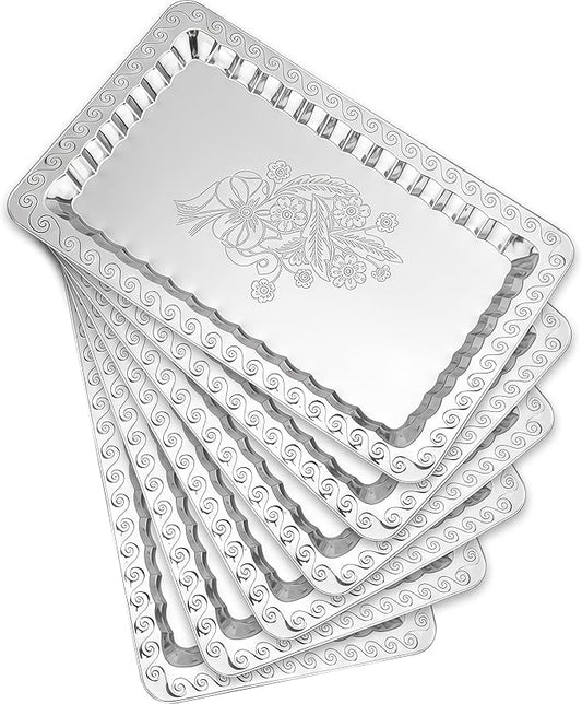 6-Pack Silver Serving Trays Set (14" x 9") – Swirl Floral Engraved Serving Platters for Parties, Weddings, Birthdays, Festive Occasions – Mirror Trays for Charcuterie, Cookies, Desserts, Snacks, Fruit