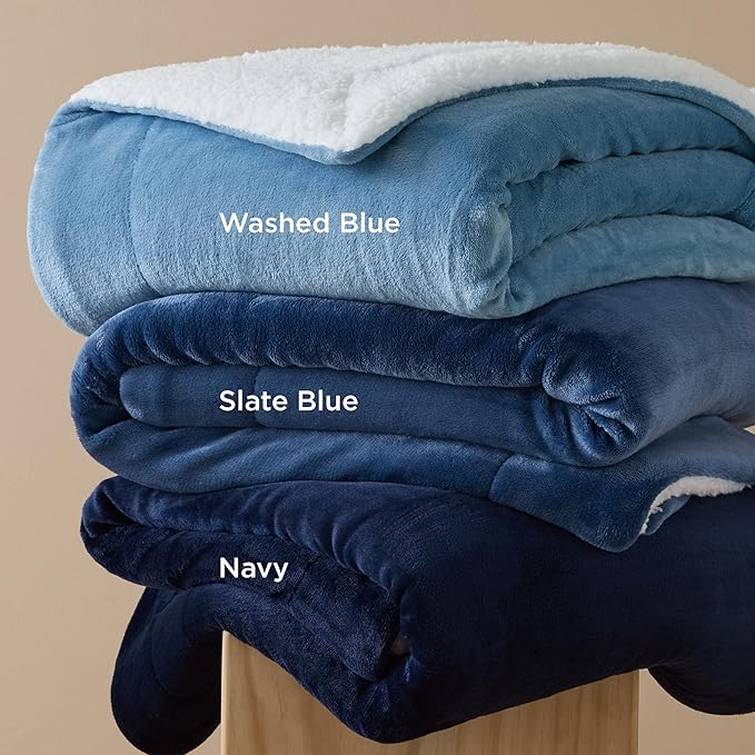 Bedsure Sherpa Fleece Blankets King Size for Bed - Thick and Warm, Soft Fuzzy Plush King Blanket for Winter, Washed Blue, 108x90 Inches