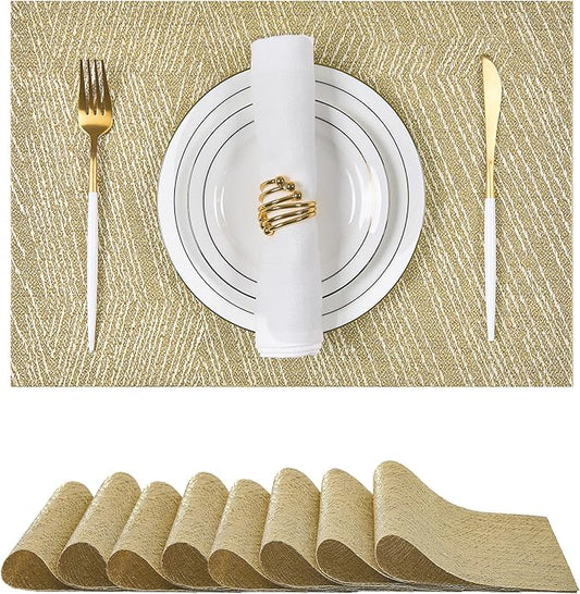 Leetaltree Gold Placemats Set of 8 - Heat Resistant Non-Slip Place mats for Dining Table, Washable Durable PVC Vinyl Woven Table Mats(Luxury Gold, 8)