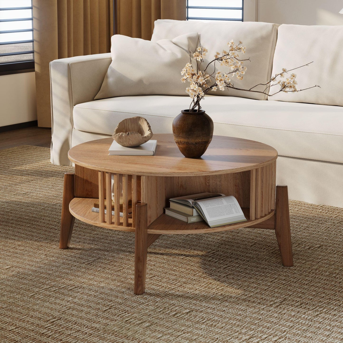 LuxenHome Round Coffee Table with Storage, 31.5" Oak Finish Wood Accent Tables with Wood Legs, Boho Center Table for Living Room, Wooden Circle Coffee Table with Open Storage for Home Office