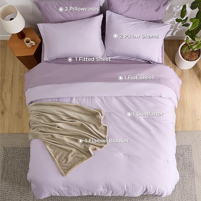 Bedsure Queen Comforter Set Grayish Purple, 8 Pieces Prewashed Queen Size Bed in a Bag with Soft Fleece Bed Blanket, Down Alternative Bedding Set for All Seasons, Sheets, Pillowcases & Shams