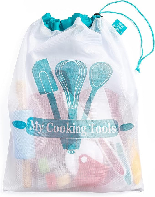 Cooking with Kids - Turquoise Nylon Mesh Storage Bag - Kids' Cooking & Baking Tools - 17" x 11" - Drawstring Closure - Hanging, Sturdy Handles