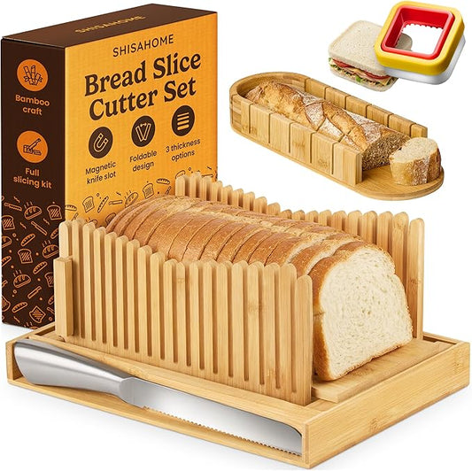 Bread Slicer Guide for Homemade Bread 3-In-1 Set: Sourdough Rounds Slicer, Baguette Cutter & Sandwich Sealer | Bread Loaf Slicing, Adjustable Bamboo Bread Cutter With Knife & Magnetic Slot