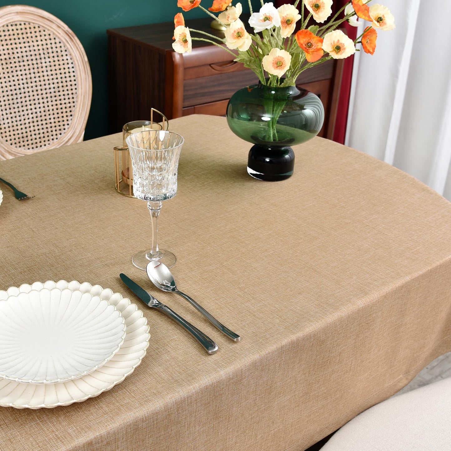 NEWISHER Farmhouse Oval Hemstitch Border Tablecloth Neutral Faux Linen Table Cloth Rustic Table Cover for Dining Kitchen Party Holiday Home (Flaxen, 52x70 Inch)