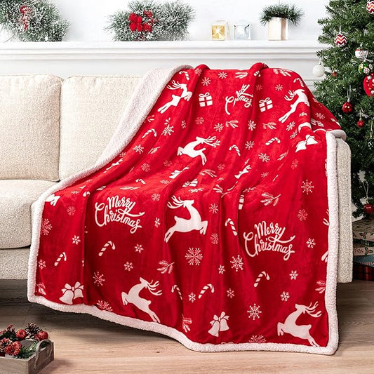 PAVILIA Premium Christmas Sherpa Throw Blanket | Christmas Decoration Gift, Fleece, Plush, Warm, Cozy Reversible Microfiber Holiday Blanket | Red Reindeer - 50x60