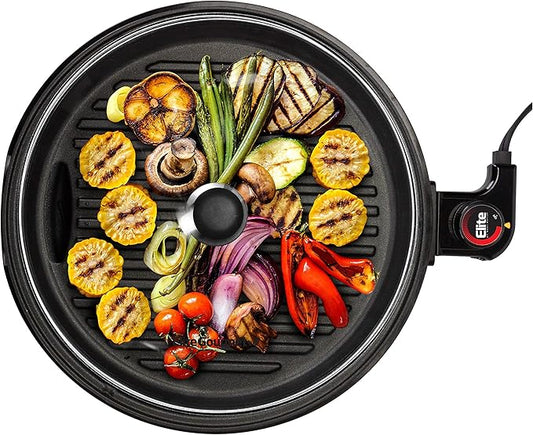 Elite Gourmet EMG6505G 12" Smokeless Indoor Electric BBQ Grill with Glass Lid Dishwasher Safe, Nonstick, Adjustable Temperature, Fast Heat Up, Low-Fat Meals Easy to Clean Design