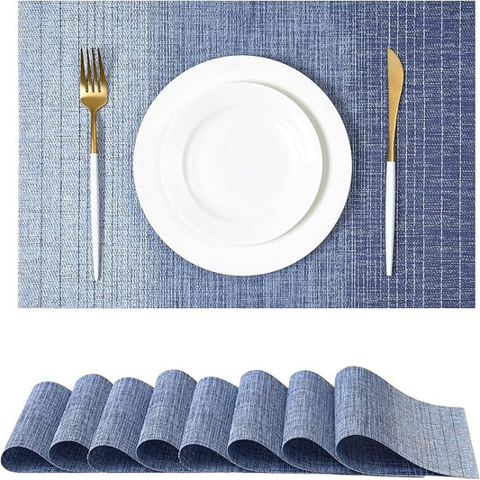 Leetaltree Gradient Blue Woven Placemats Set of 8 - Heat Resistant Non-Slip Place mats for Dining Table, Washable Durable PVC Vinyl Woven Table Mats(Gradient Blue, 8)