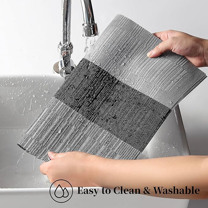 Leetaltree Grey with White Striped Placemats Set of 6 - Heat Resistant Non-Slip Place mats for Dining Table, Washable Durable PVC Vinyl Woven Table Mats（Grey Stripe, 6）