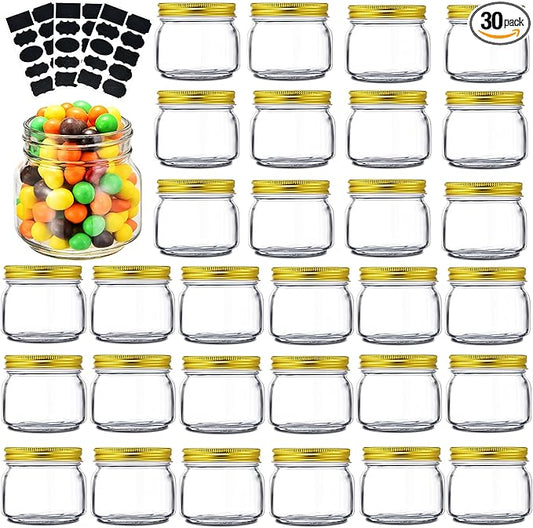 Rainforce Mason Jars 8 oz 30 Pack- Small Mason Jars With Gold Lids -1/4 Quart Canning Jars| Storage Pickling Jars For Jelly, Jam, Honey, Pickles, Spice - With 30 Chalkboard Labels