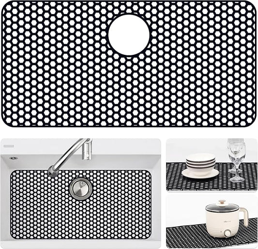 Bestjing Silicone Sink Protectors for Kitchen Sink with Rear Drain - 28.3"x 15.7" Kitchen Protector Accessory, Non-Slip Heat Resistan Mat for Bottom of Farmhouse Stainless Steel (Rear Hole, Black)
