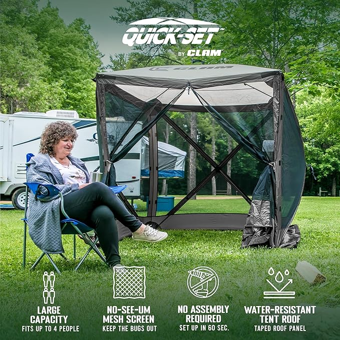CLAM Pop Up Screen Tent, Outdoor Camping Gazebo Canopy, Traveler, 6' x 6', Gray