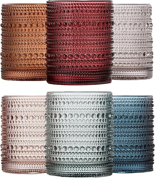 Khen Beaded Hobnail Tumbler Drinking Glasses Set | Set of 6 | Vintage Colored Hobnails 11 OZ Muted Bubble Design Whiskey, Old-Fashioned, Embossed Design Glass Water, Wine, Cocktail HAND WASH ONLY