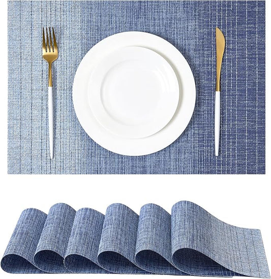 Leetaltree Gradient Blue Woven Placemats Set of 6 - Heat Resistant Non-Slip Place mats for Dining Table, Washable Durable PVC Vinyl Woven Table Mats(Gradient Blue, 6)
