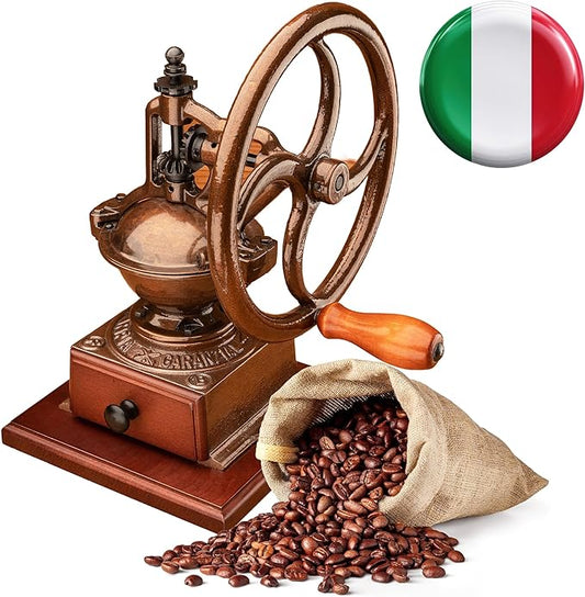 Manual Burr Coffee Grinder - Heavy Cast Iron Coffee Bean Burr Grinder with Adjustable Grind Settings, Hand Crank, and Vintage Design - Italian Made Espresso Accessories by Classic Cuisine (Copper)