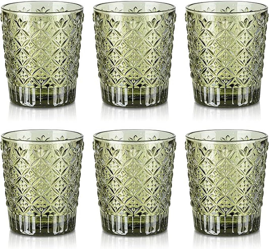 Joeyan Green Vintage Drinking Glasses,Embossed Water Glass Cups,Colored Decorative Glass Tumblers,Elegant Glassware Cups for Beverages Juice Cocktail Beer,11 oz,Set of 6,Dishwasher Safe