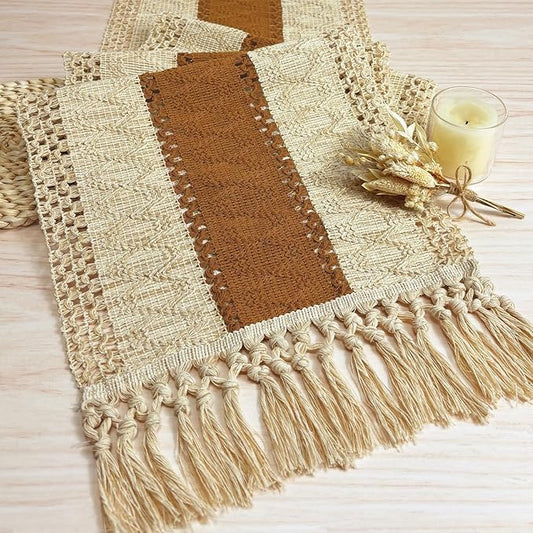 Fexia Table Runner 90 Inch Thanksgiving Decor with Tassels for Boho Macrame Farmhouse Style, Party Wedding Bridal Shower Decor, Brown (12x90 Inches)