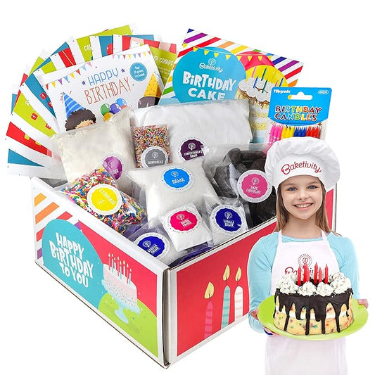 Baketivity DIY Birthday Cake & Decorating Set for Girls and Boys. Box Includes All Pre-Measured Ingredients, Birthday Candles, Chef Hat and Apron. Perfect for Birthday Gift for Kids, Teens, and Adults