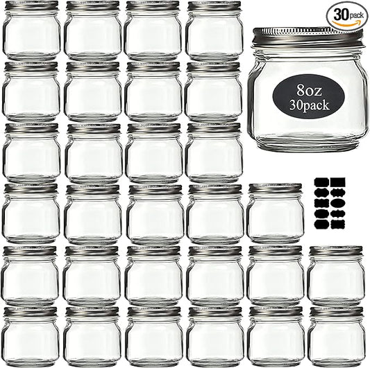 Mason Jars 8 oz 30 Pack- Small Mason Jars With Silver Lids -1/4 Quart Canning Jars| Storage Glass Jars With Lids For Jelly, Jam, Honey, Pickles - Spice Glass Jars - With 30 Chalkboard Labels