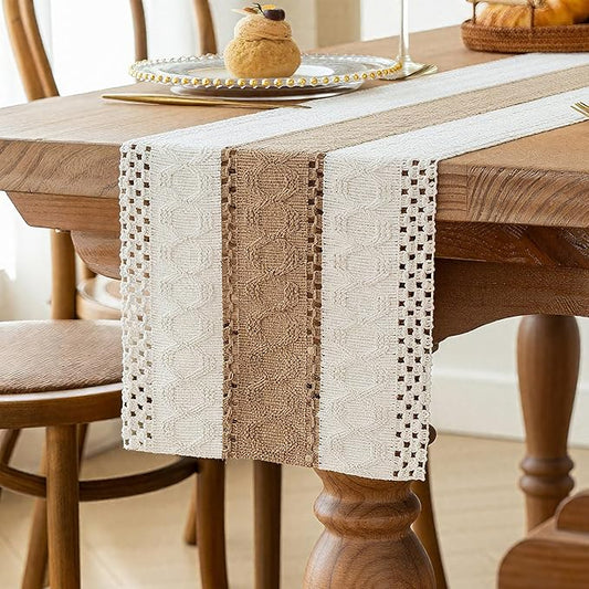 FEXIA Boho Table Runner for Home Decor with Out Tassels 72 Inches Long Farmhouse Rustic Table Runner Macrame Burlap Table Decoration for Living Room Bridal Shower(12x72 Inches)
