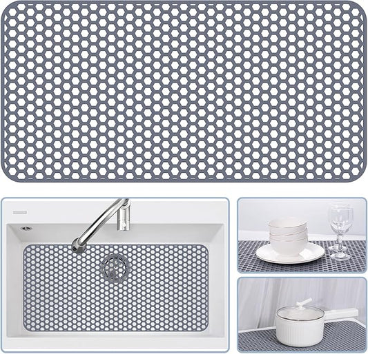 Bestjing Silicone Sink Protectors for Kitchen Sink - 28.3"x 15.7" Kitchen Protector Accessory, Non-Slip Heat Resistant Mat for Bottom of Farmhouse Stainless Steel Porcelain (Gray)