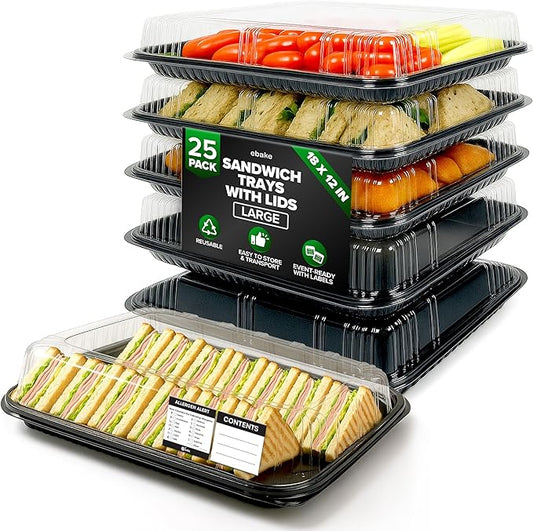 25 Pack Catering Trays with Lids – 17" Serving Tray with Lid, Heavy Duty Recyclable Plastic Party Platters for Catering, Buffet, Picnics & Events – Food Tray with Clear Lid (17.72 x 12.20 x 2.95 inch)
