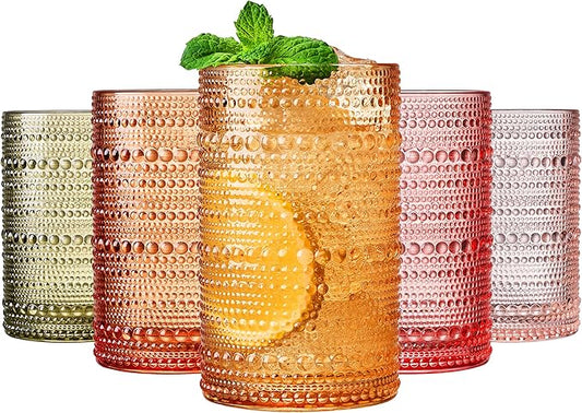 Hobnail Beaded Highball Drinking Tumbler Glasses | Set of 5 | Color, Vintage Bubble Design Whiskey Glassware, Old-Fashioned, Embossed Design, Water, Wine, Cocktail Embossed Heavy Glass, Rocks Glass